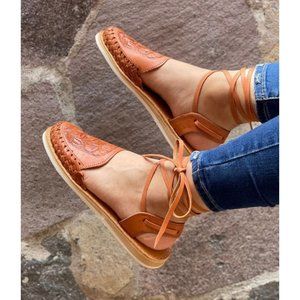 Mexican Huarache Sandal Boho- Hippie Vintage Style Genuine Tan Leather Women's 8